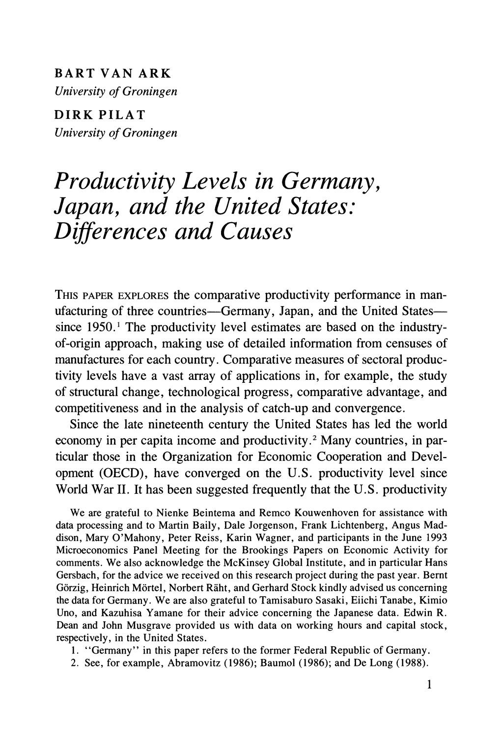 Productivity Levels in Germany, Japan, and the United States