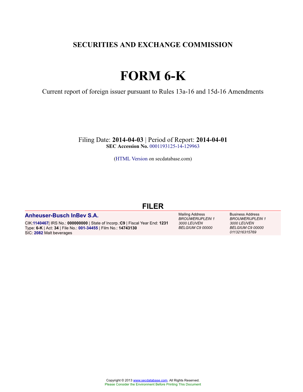 Anheuser-Busch Inbev S.A. Form 6-K Current Report Filed 2014-04-03