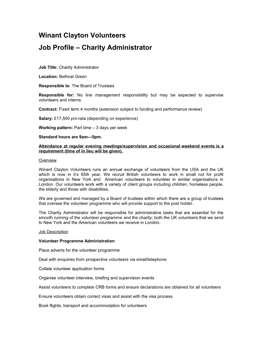 Job Profile Charity Administrator