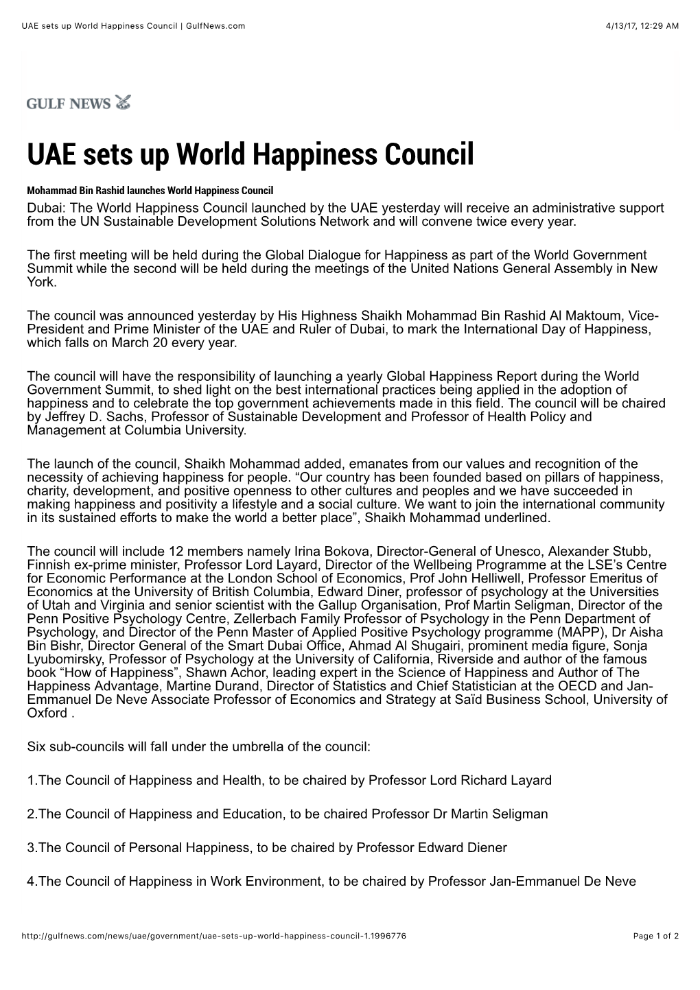 UAE Sets up World Happiness Council | Gulfnews.Com 4/13/17, 12:29 AM