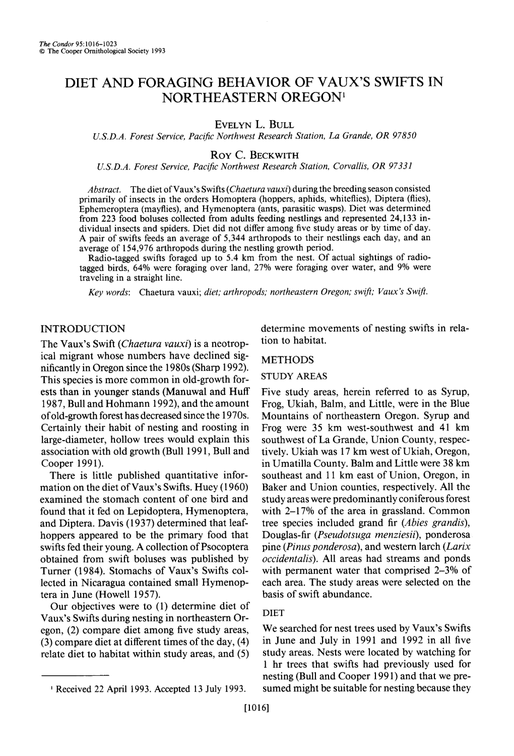 Diet and Foraging Behavior of Vaux's Swifts in Northeastern Oregon