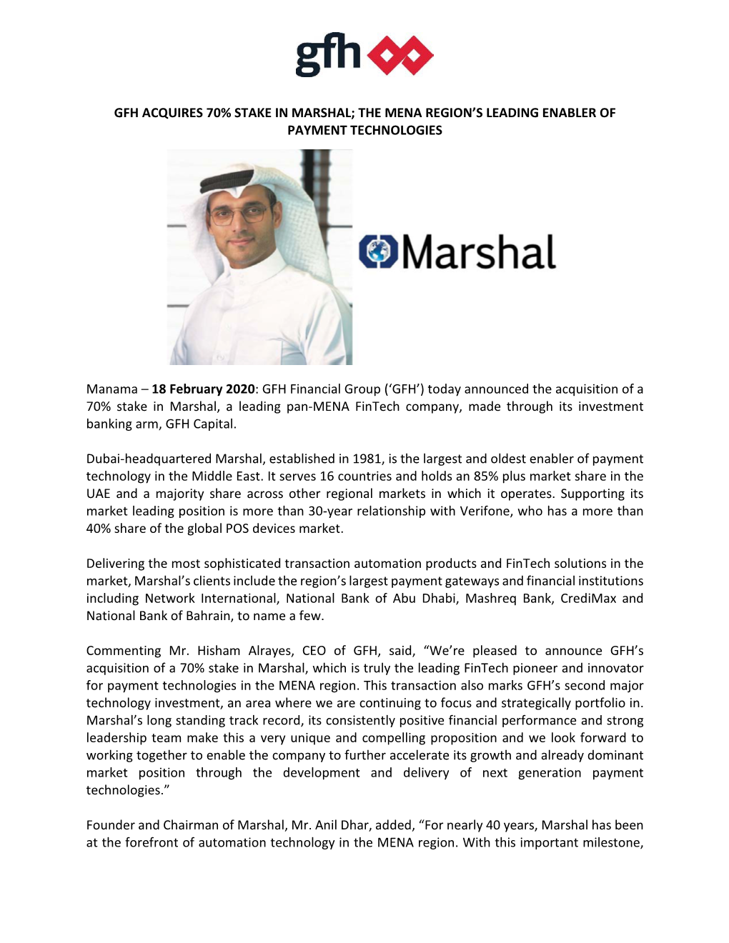 Gfh Acquires 70% Stake in Marshal; the Mena Region’S Leading Enabler of Payment Technologies