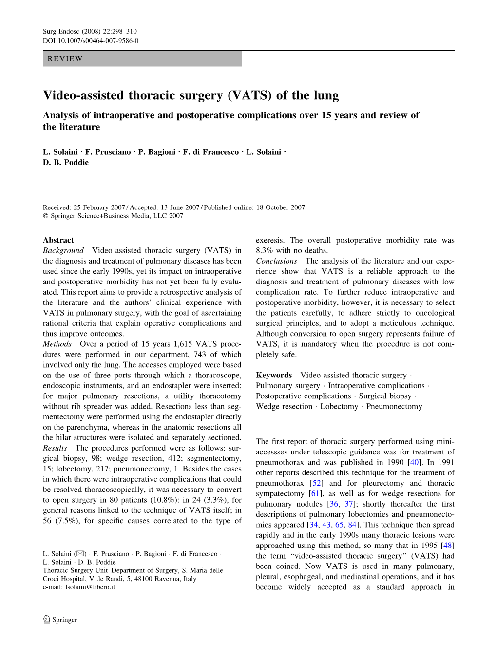 Video-Assisted Thoracic Surgery (VATS) of the Lung Analysis of Intraoperative and Postoperative Complications Over 15 Years and Review of the Literature