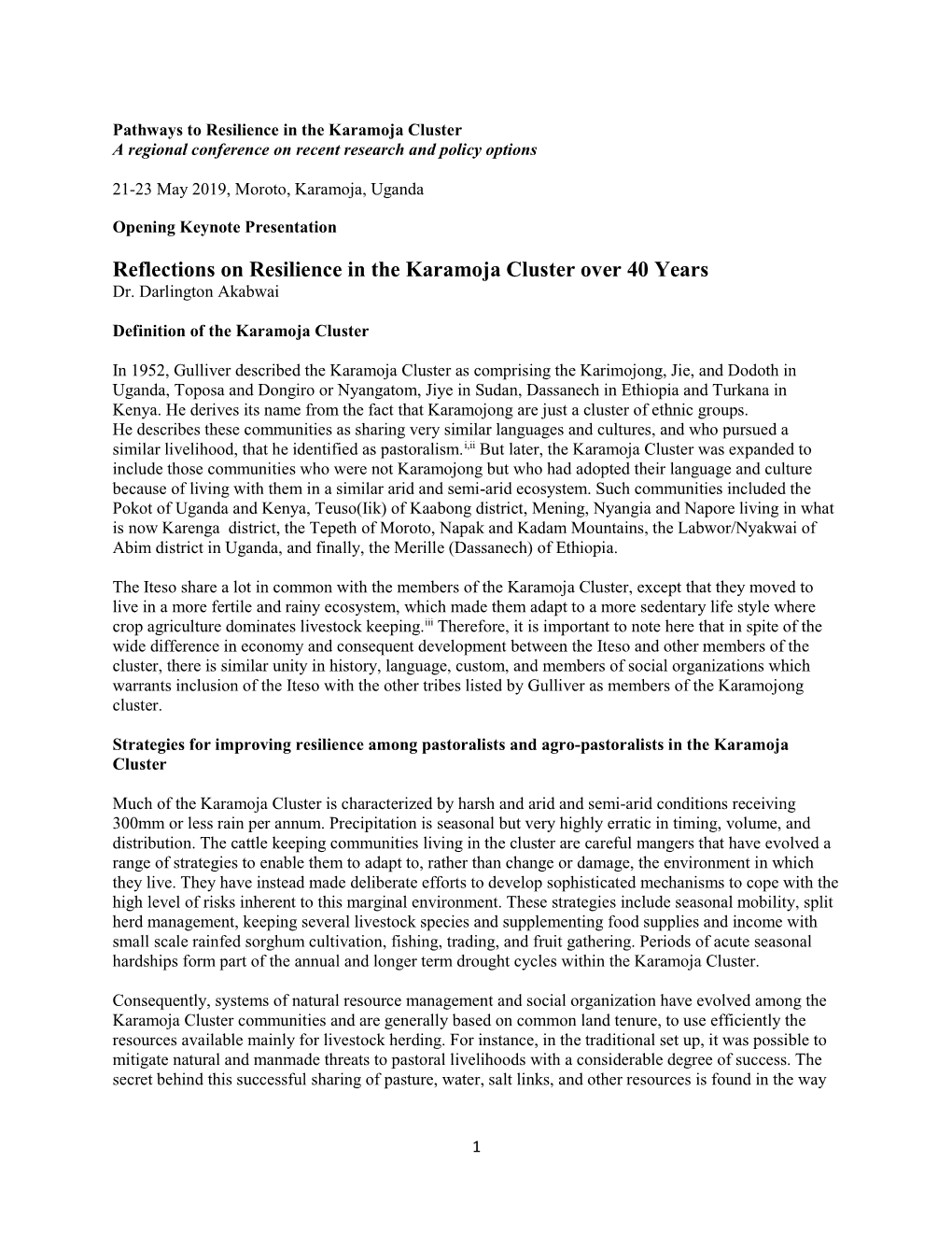 Reflections on Resilience in the Karamoja Cluster Over 40 Years Dr