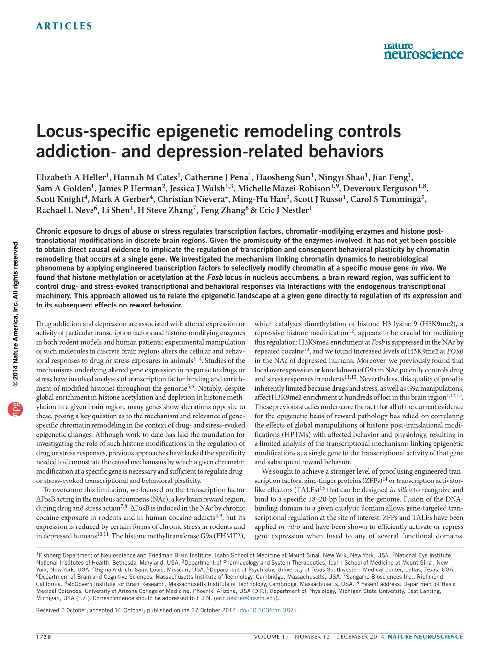 Locus-Specific Epigenetic Remodeling Controls Addiction- and Depression-Related Behaviors
