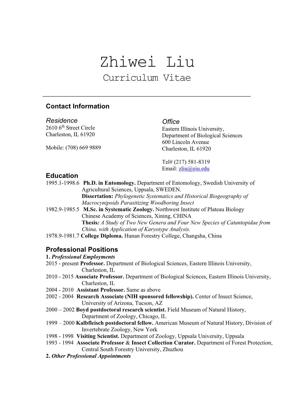 Zhiwei Liu Curriculum Vitae