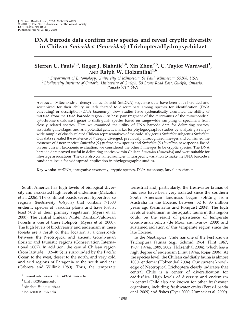 DNA Barcode Data Confirm New Species and Reveal Cryptic Diversity in Chilean Smicridea (Smicridea) (Trichoptera:Hydropsychidae)