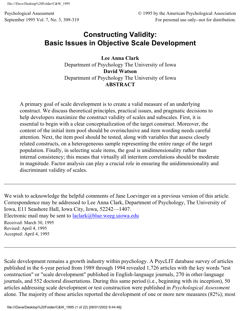 Constructing Validity: Basic Issues in Objective Scale Development