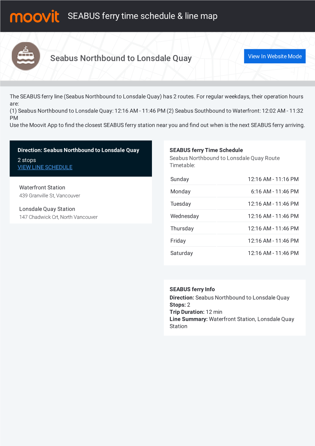 SEABUS Ferry Time Schedule & Line Route