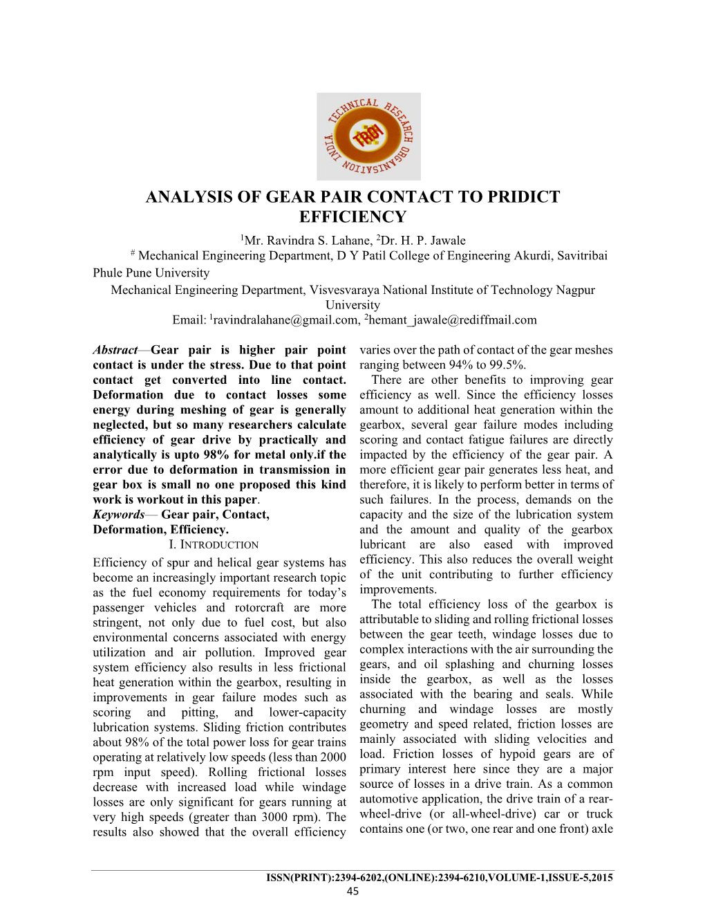 ANALYSIS of GEAR PAIR CONTACT to PRIDICT EFFICIENCY 1Mr