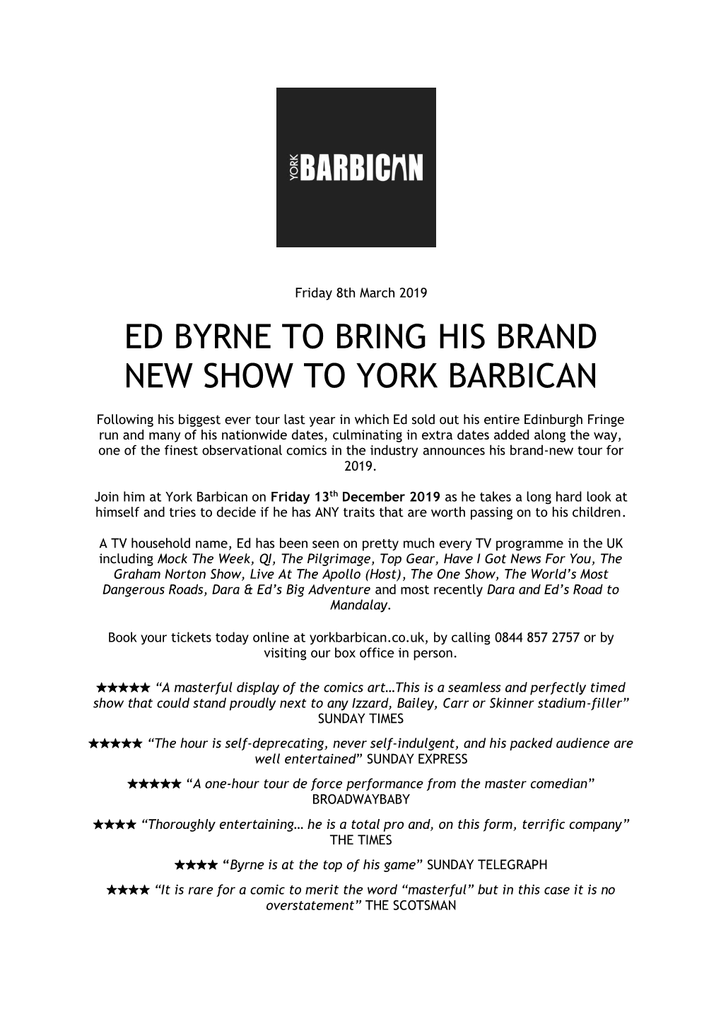 Ed Byrne to Bring His Brand New Show to York Barbican