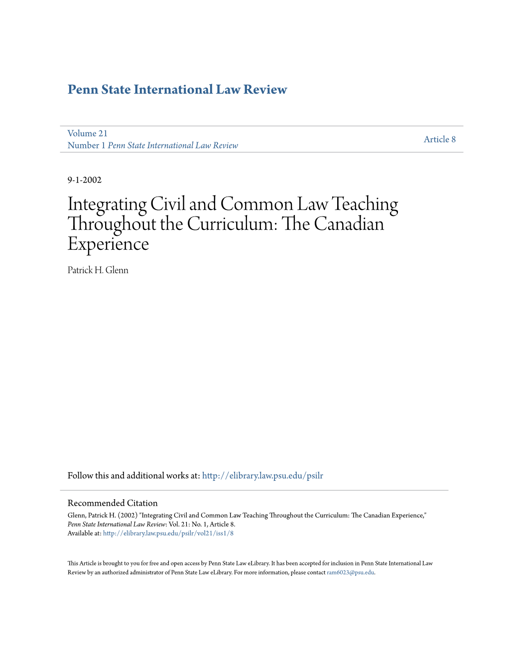 Integrating Civil and Common Law Teaching Throughout the Curriculum: the Ac Nadian Experience Patrick H