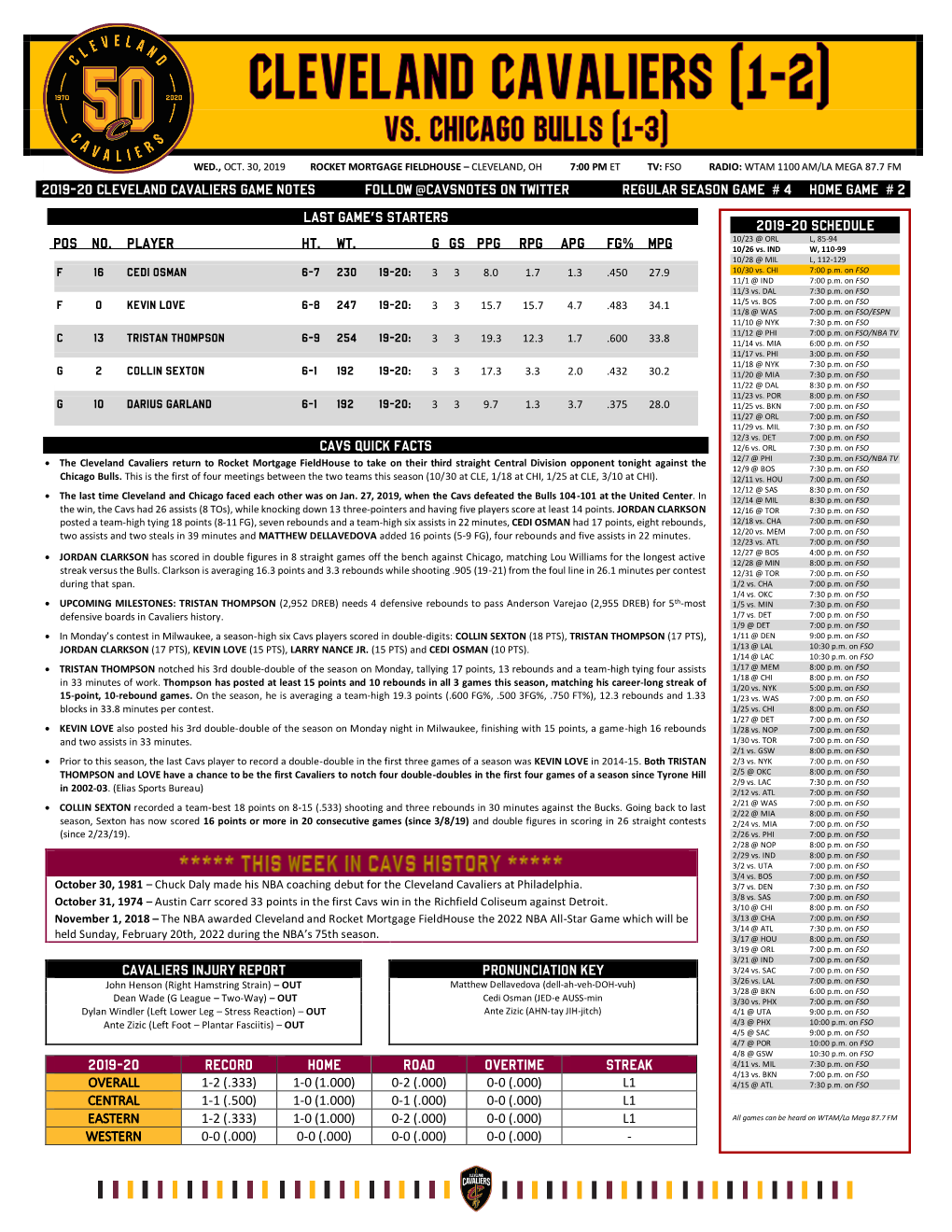 2019-20 Cleveland Cavaliers Game Notes Follow @Cavsnotes on Twitter Regular Season Game # 4 Home Game # 2