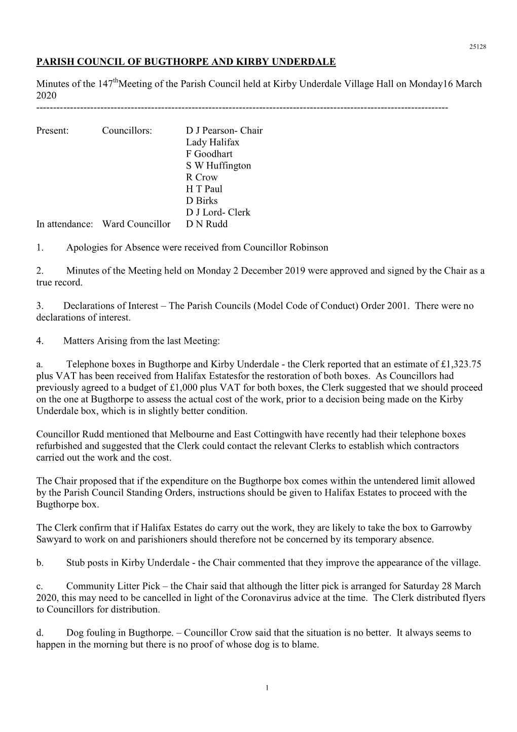 PARISH COUNCIL of BUGTHORPE and KIRBY UNDERDALE Minutes