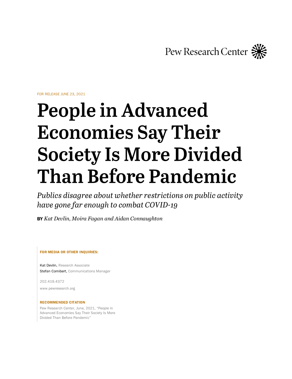 People in Advanced Economies Say Their Society Is More Divided Than