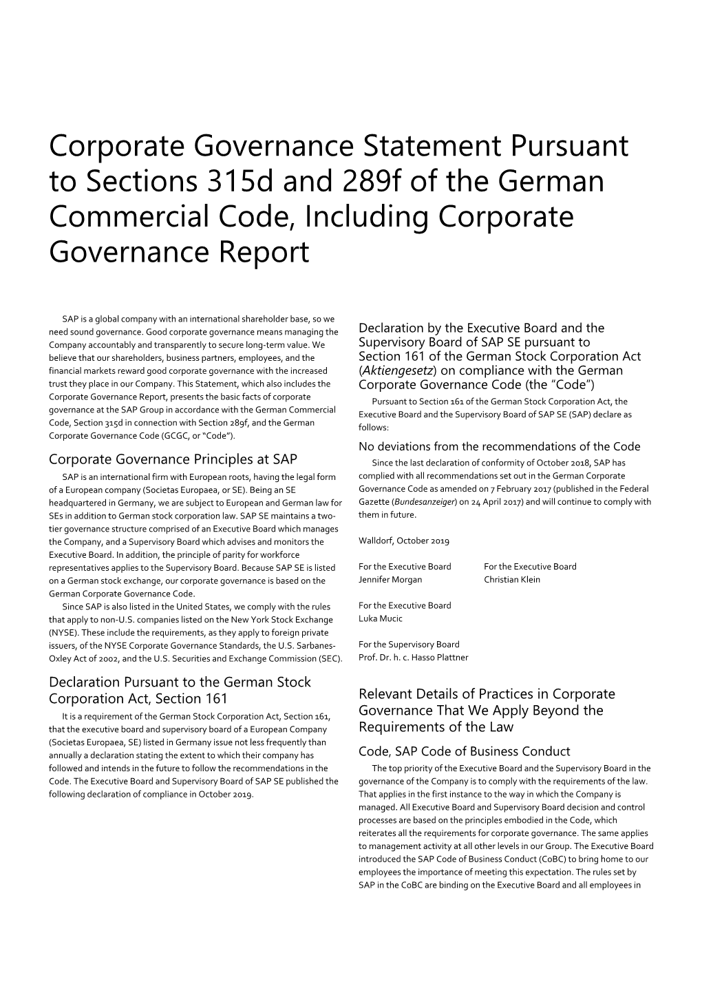 Corporate Governance Statement Pursuant to Sections 315D and 289F of the German Commercial Code, Including Corporate Governance Report