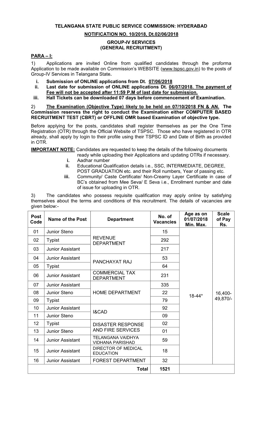 Telangana State Public Service Commission: Hyderabad Notification No