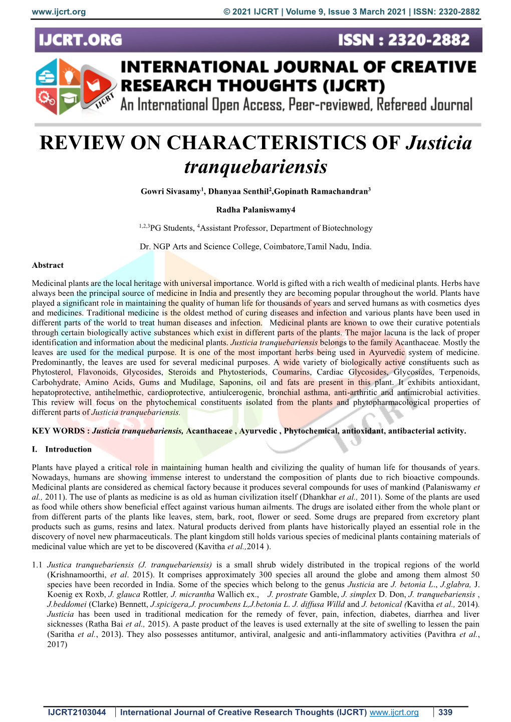 REVIEW on CHARACTERISTICS of Justicia Tranquebariensis
