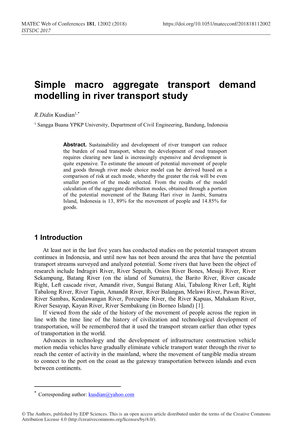 Simple Macro Aggregate Transport Demand Modelling in River Transport Study