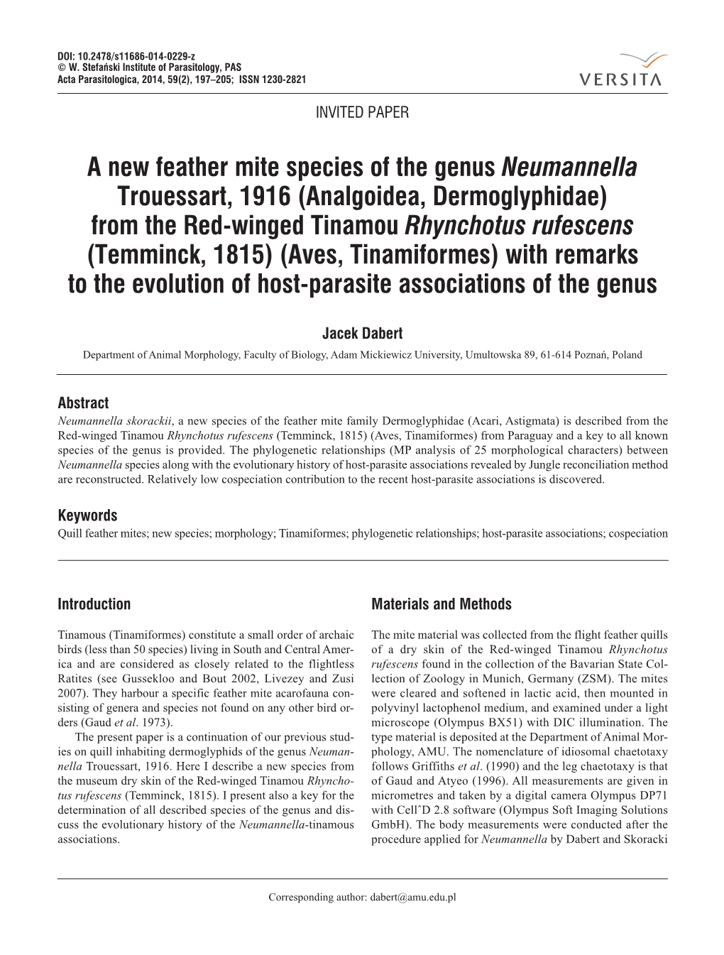A New Feather Mite Species of the Genus Neumannella