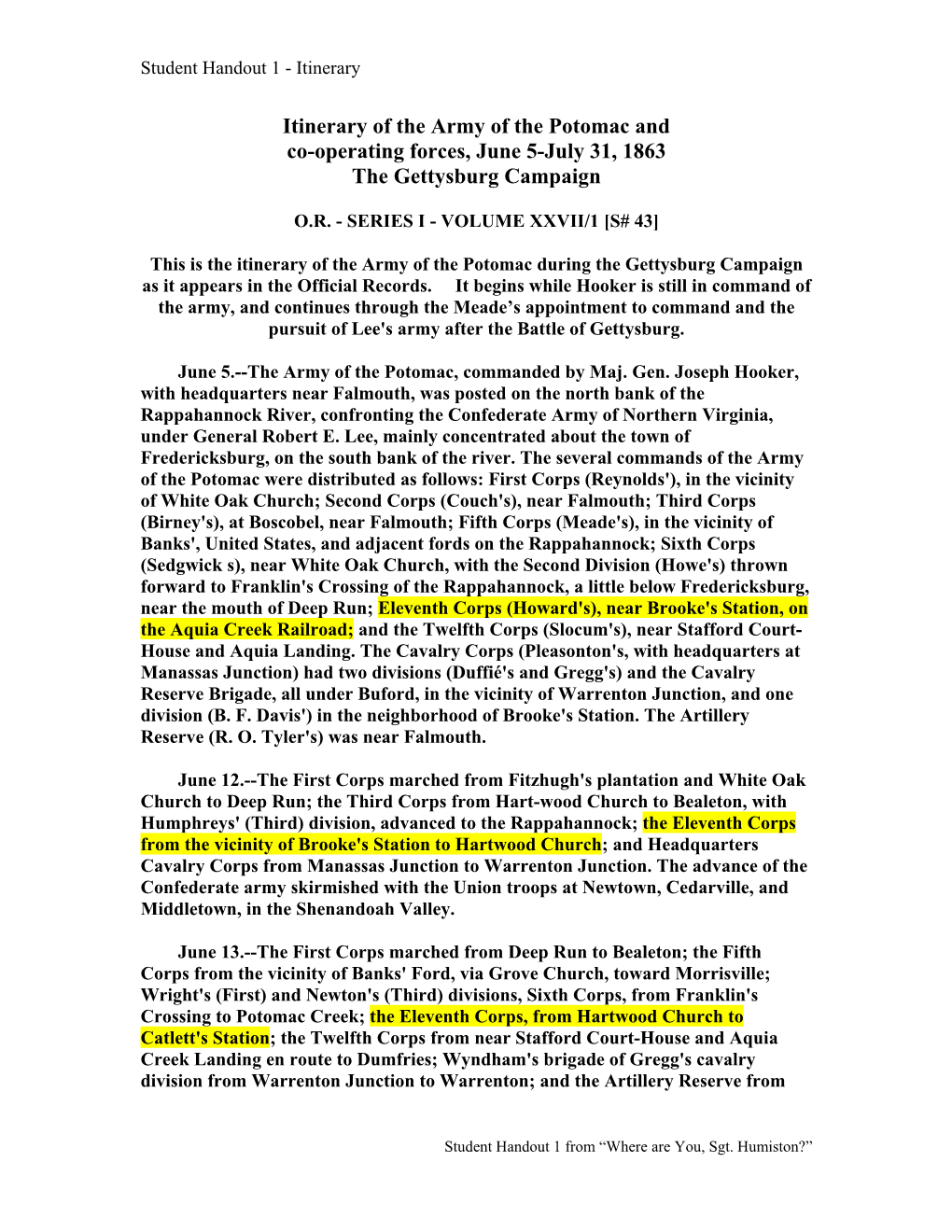 Itinerary of the Army of the Potomac and Co-Operating Forces, June 5-July 31, 1863 the Gettysburg Campaign