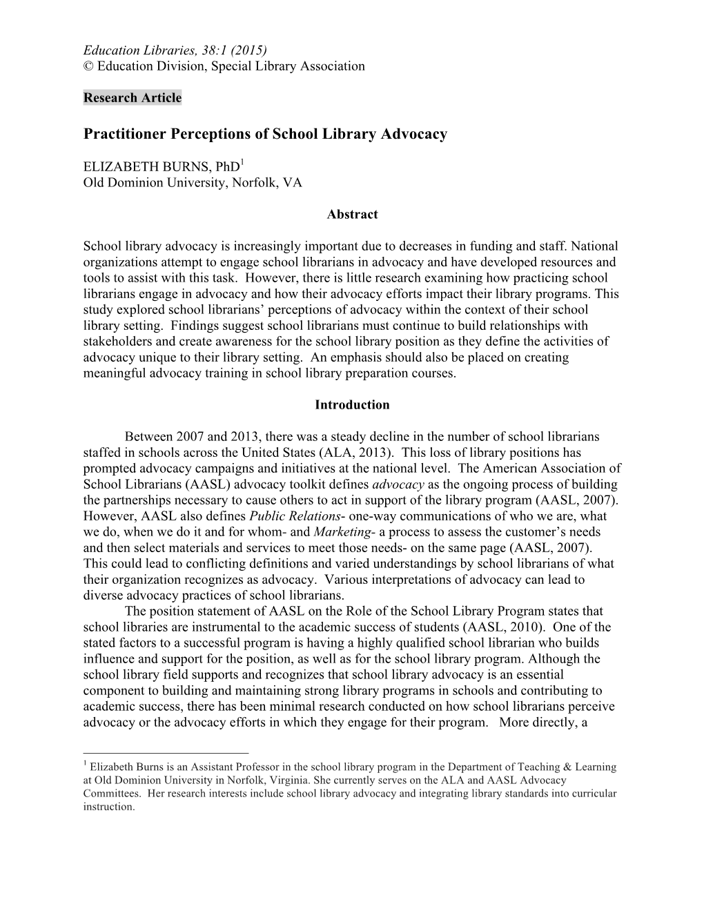 Practitioner Perceptions of School Library Advocacy