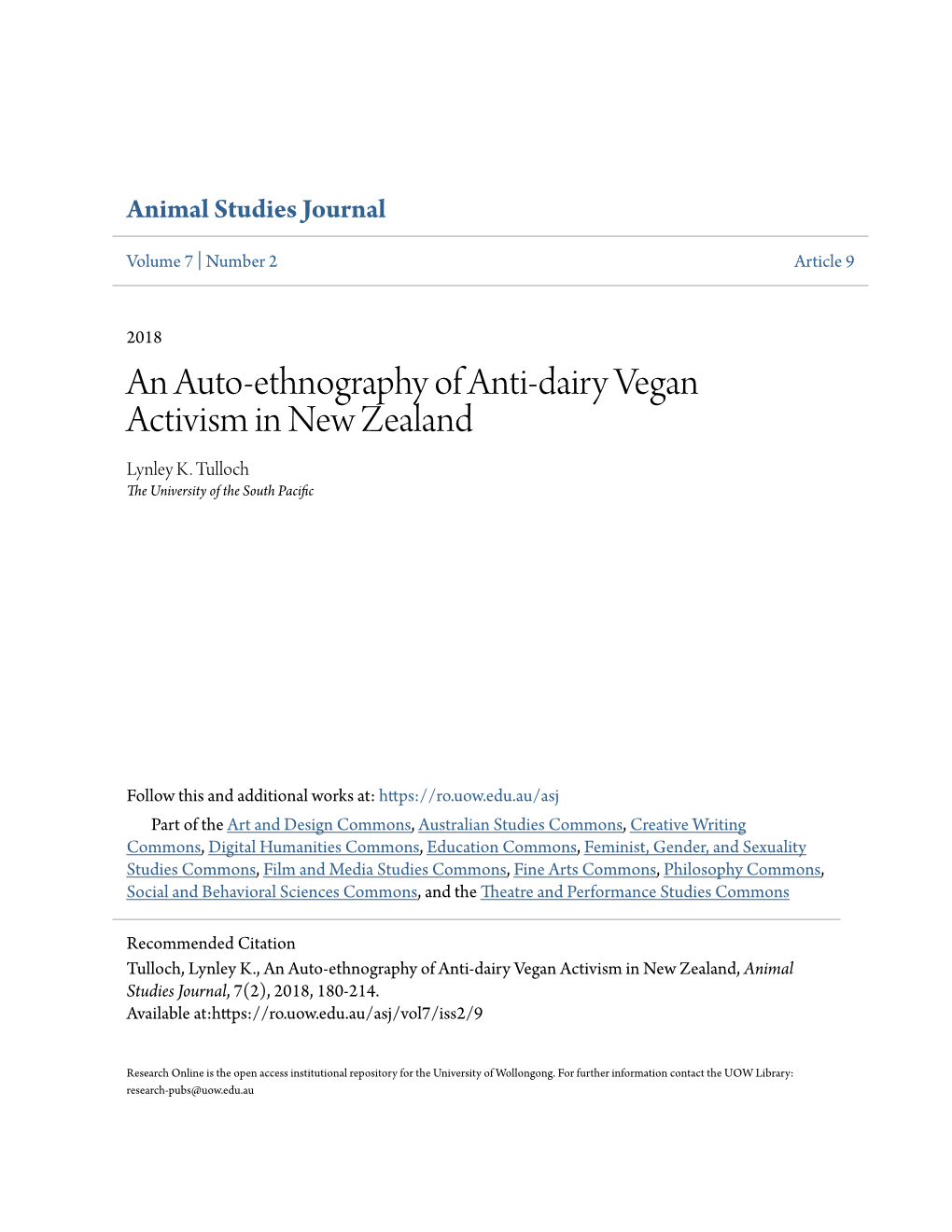 An Auto-Ethnography of Anti-Dairy Vegan Activism in New Zealand Lynley K