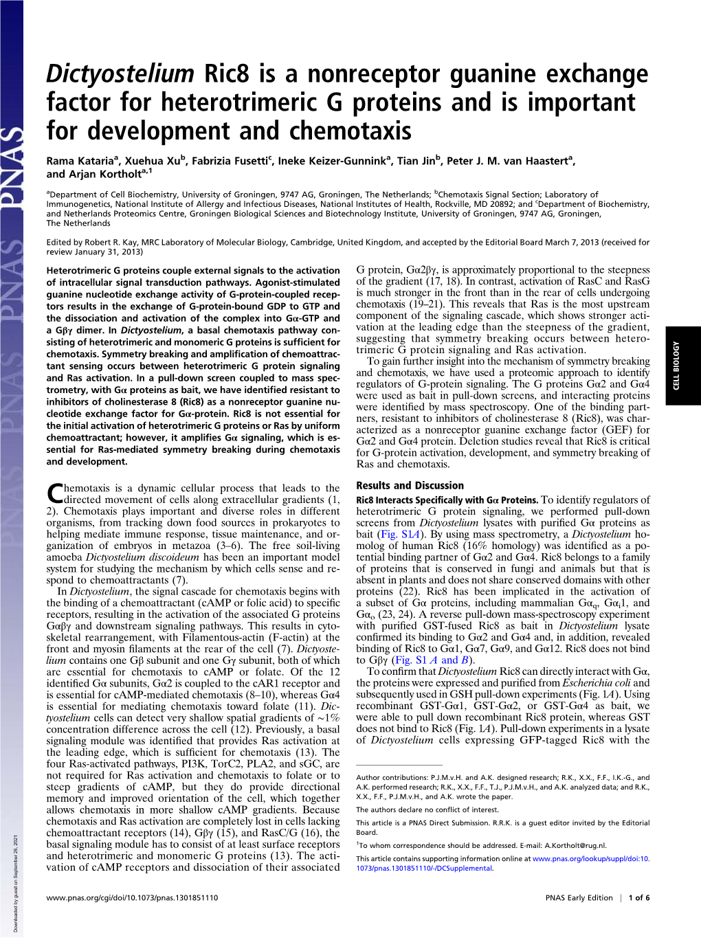 Dictyostelium Ric8 Is a Nonreceptor Guanine Exchange Factor for Heterotrimeric G Proteins and Is Important for Development and Chemotaxis
