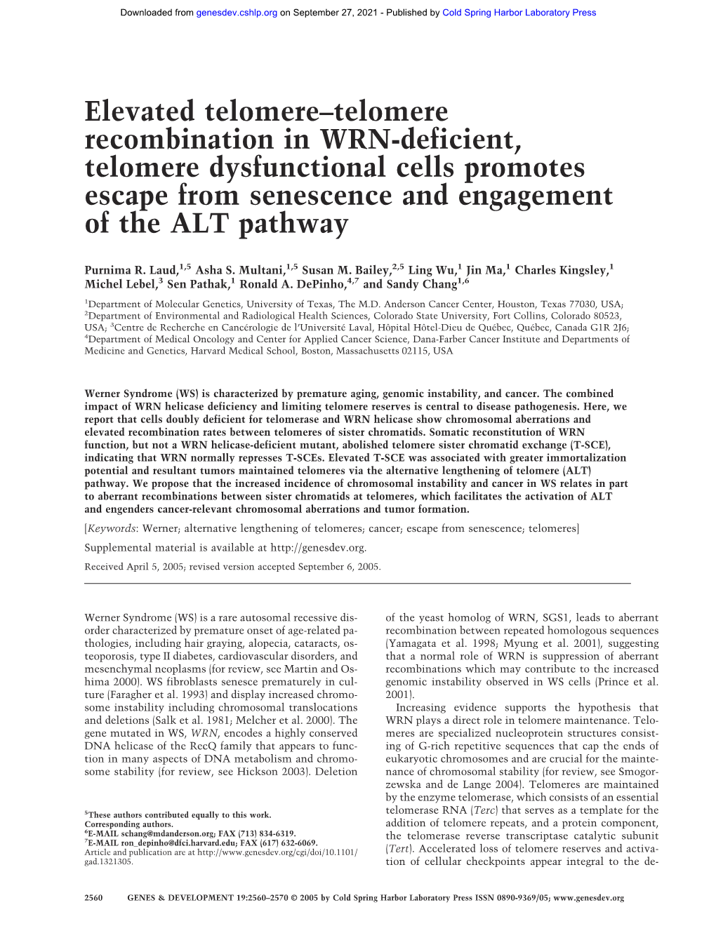 Elevated Telomere–Telomere Recombination in WRN-Deficient, Telomere Dysfunctional Cells Promotes Escape from Senescence and Engagement of the ALT Pathway