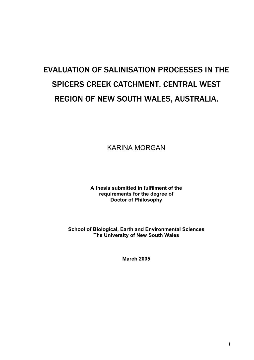 Evaluation of Salinisation Processes in the Spicers Creek Catchment, Central West Region of New South Wales, Australia