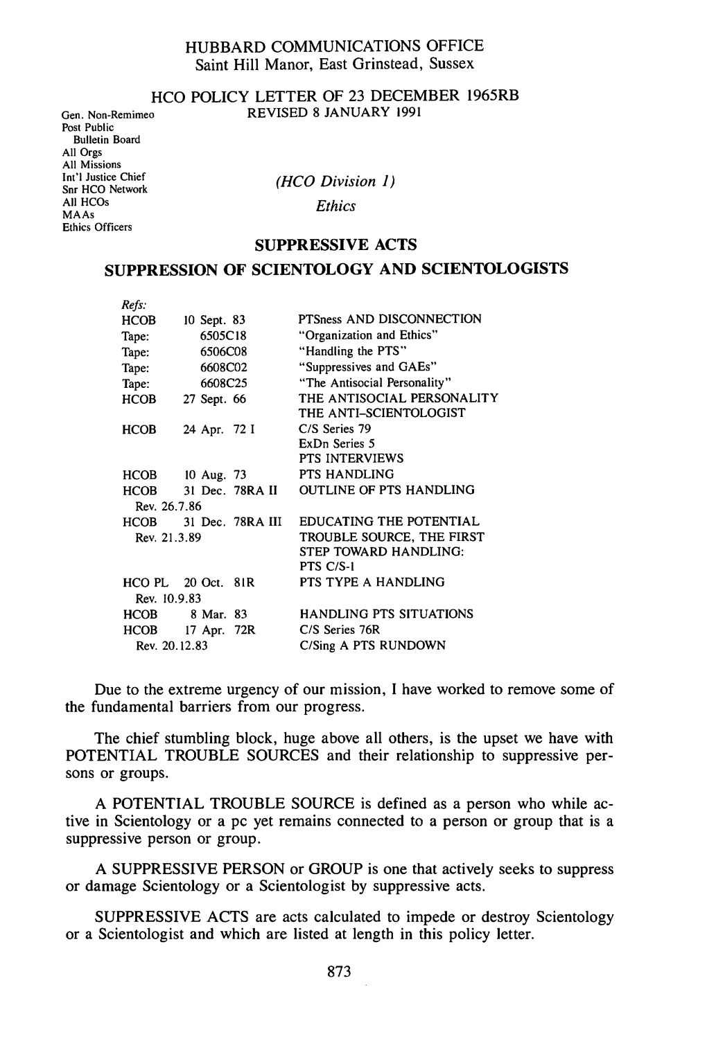 Suppressive Acts Suppression of Scientology and Scientologists