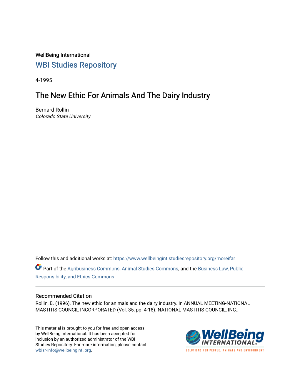 The New Ethic for Animals and the Dairy Industry
