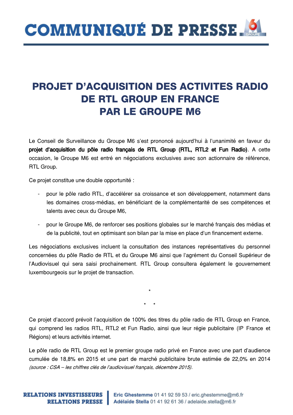 Projet D'acquisition Des Activites Radio De Rtl Group En France Par Le Groupe M6