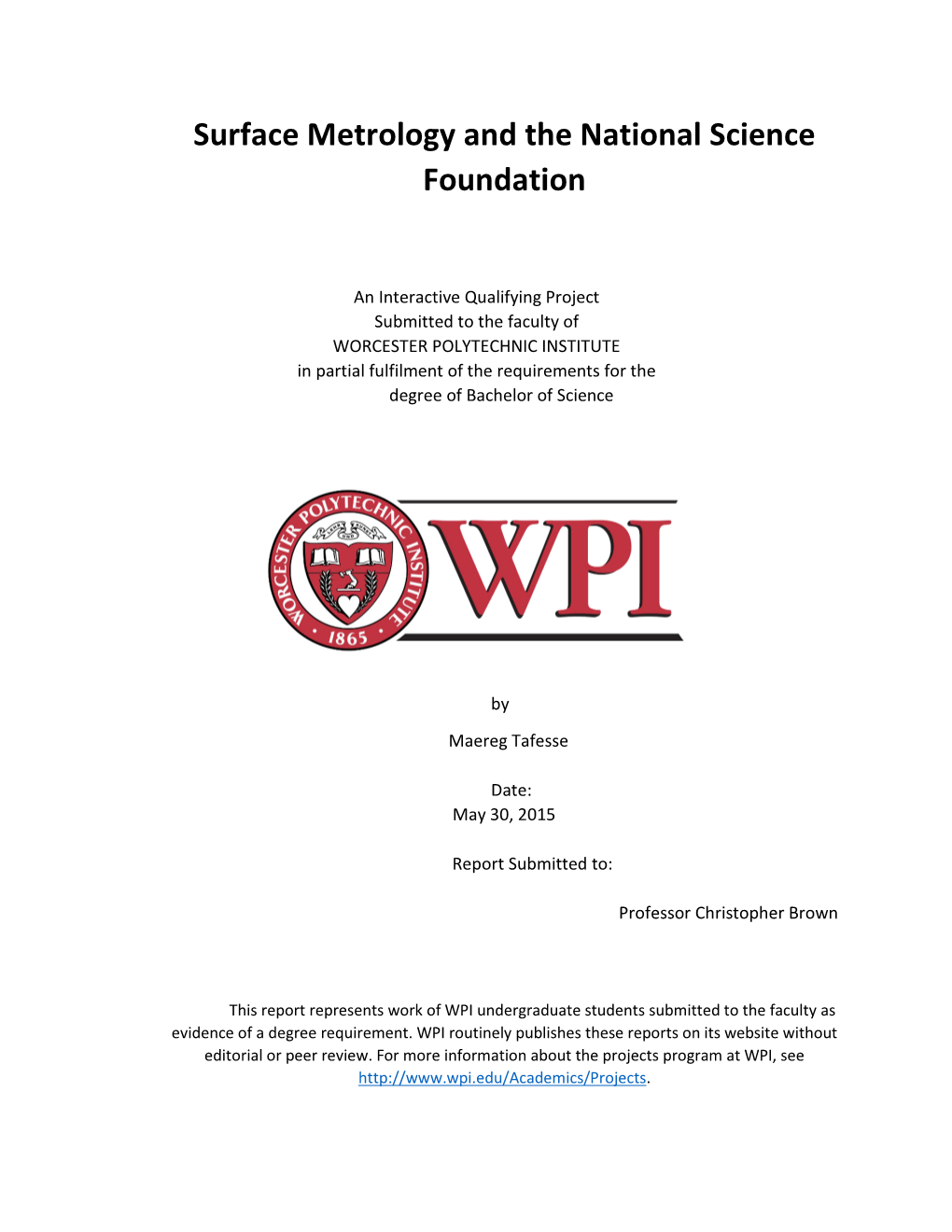 Surface Metrology and the National Science Foundation