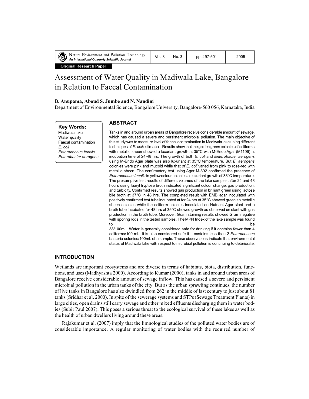 Assessment of Water Quality in Madiwala Lake, Bangalore in Relation to Faecal Contamination