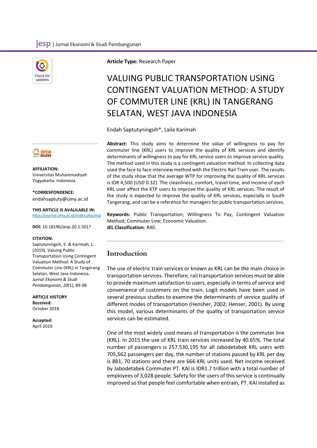 Valuing Public Transportation Using Contingent Valuation Method: a Study