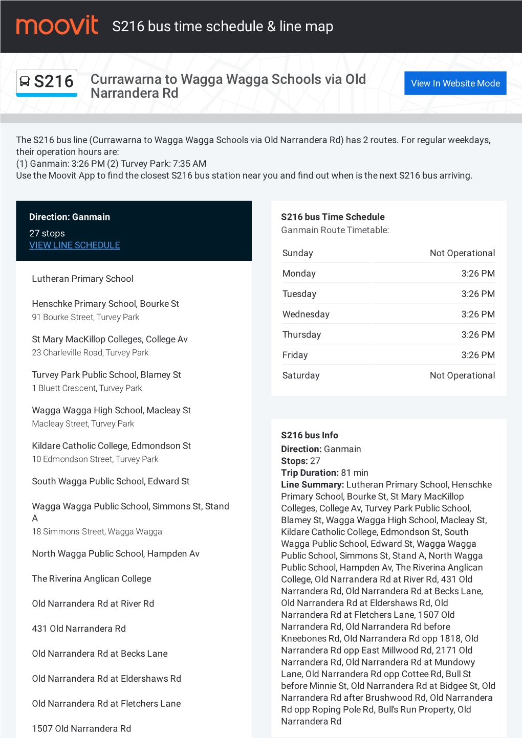 S216 Bus Time Schedule & Line Route