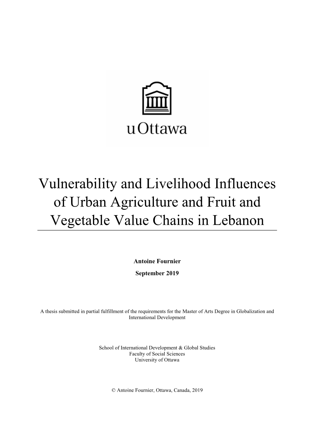 Vulnerability and Livelihood Influences of Urban Agriculture and Fruit and Vegetable Value Chains in Lebanon