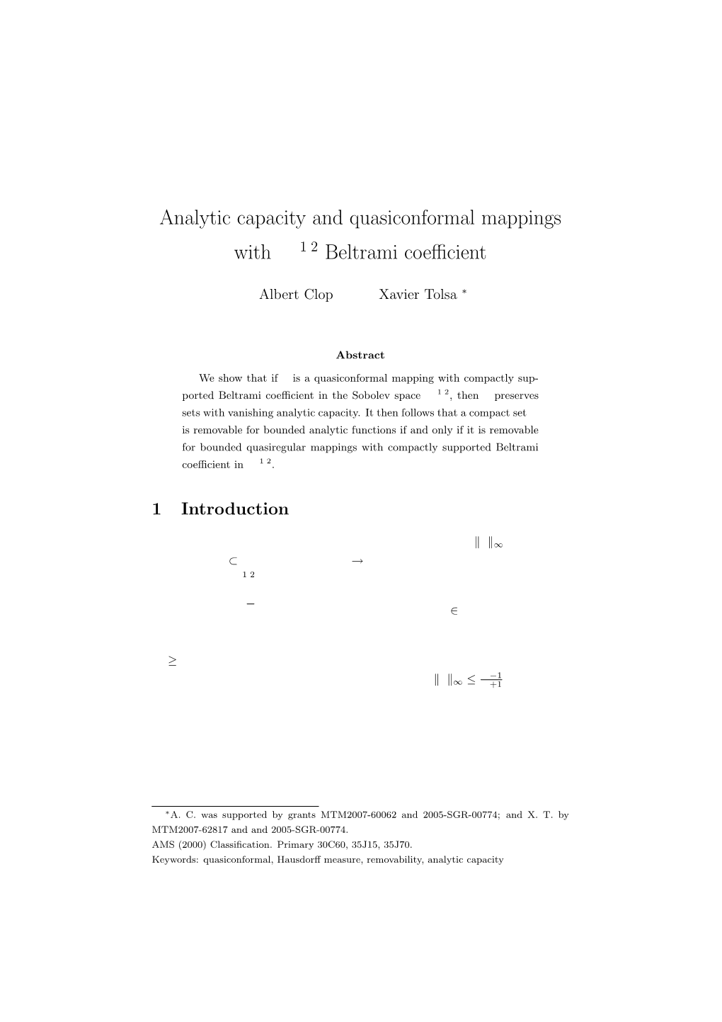 Analytic Capacity and Quasiconformal Mappings with W1,2 Beltrami