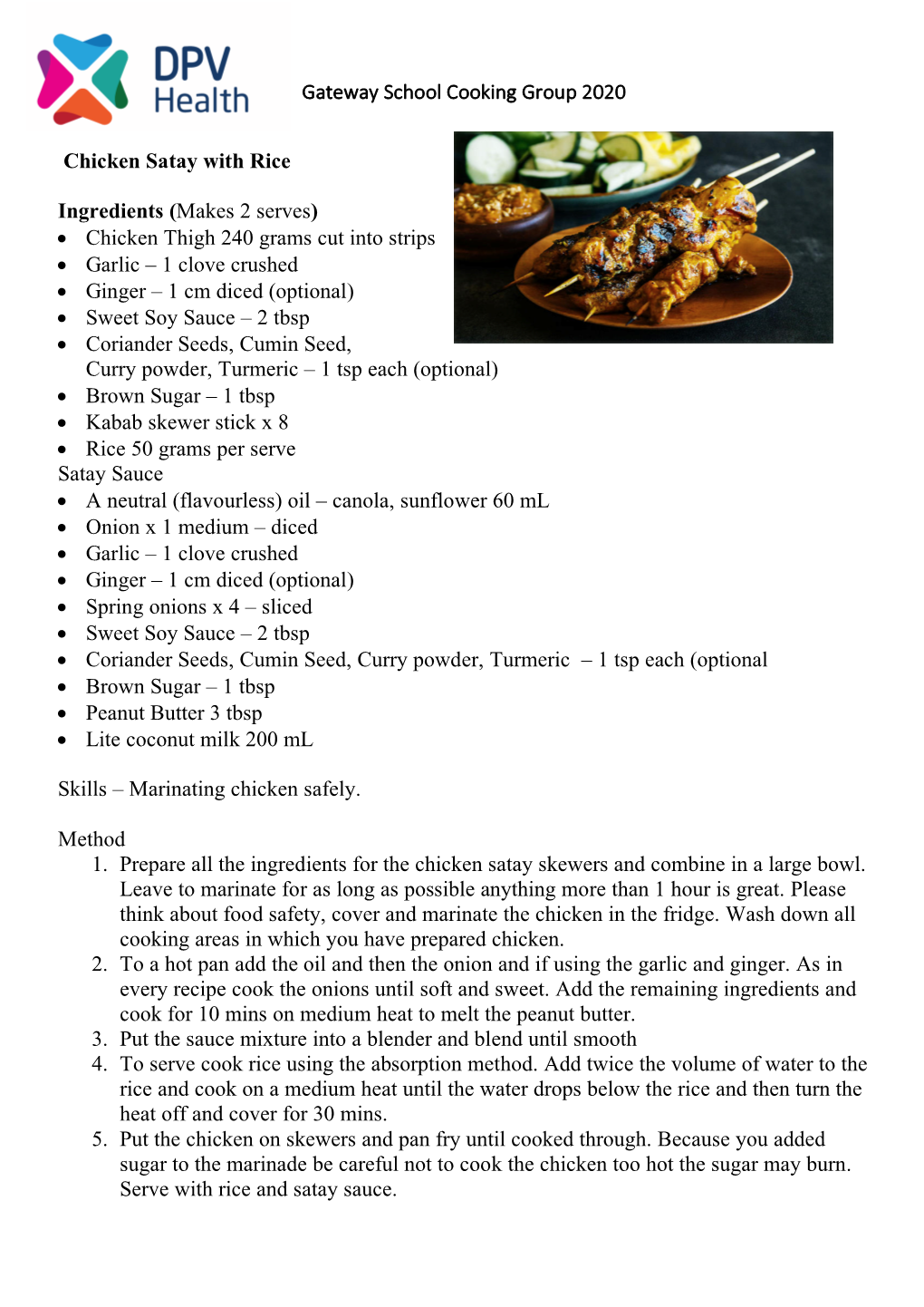 Gateway School Cooking Group 2020 Chicken Satay with Rice Ingredients