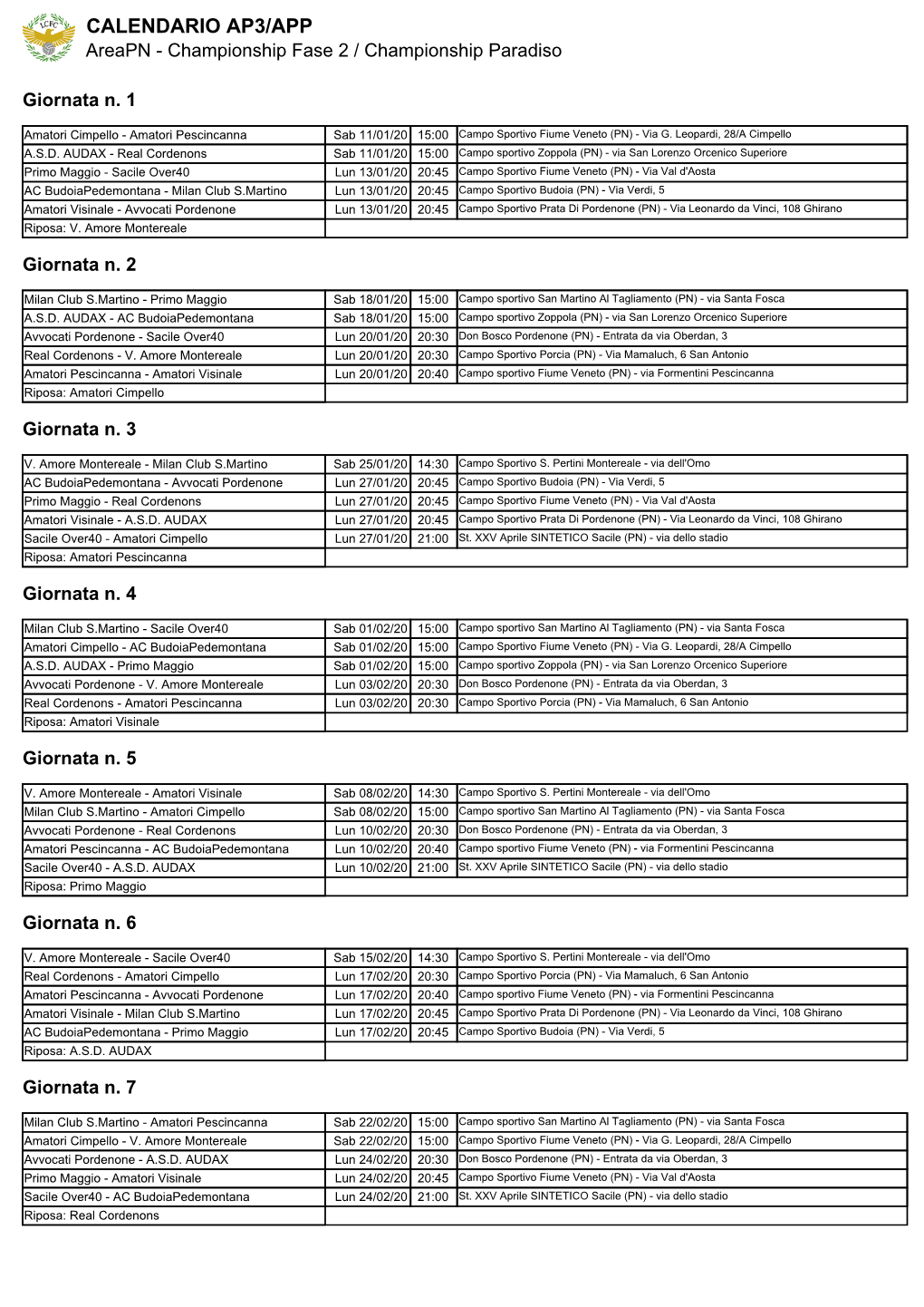 CALENDARIO AP3/APP Areapn - Championship Fase 2 / Championship Paradiso