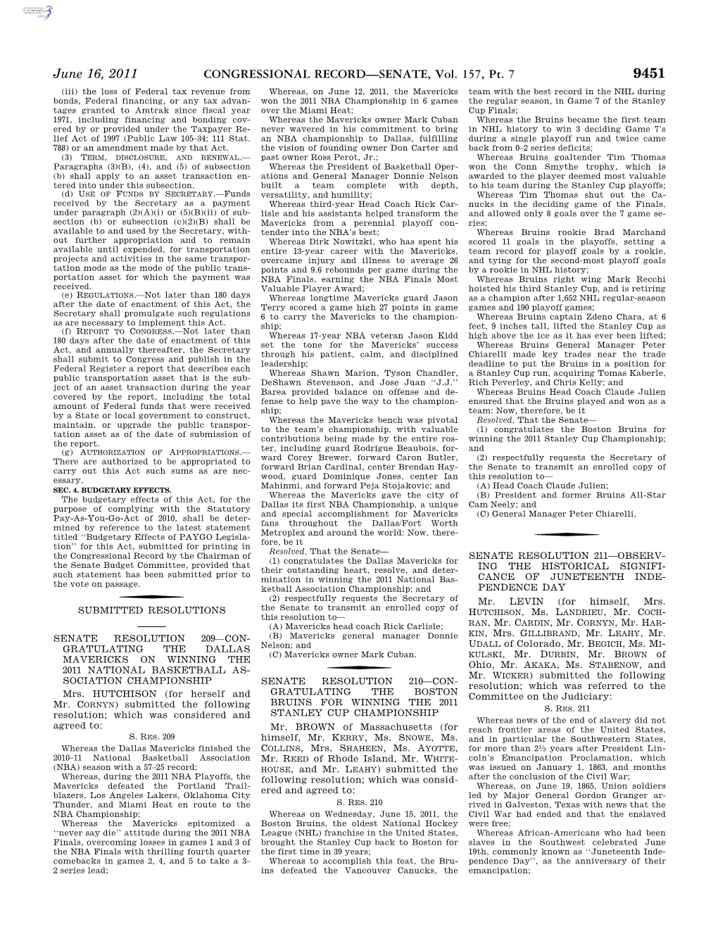 CONGRESSIONAL RECORD—SENATE, Vol. 157, Pt. 7 June 16