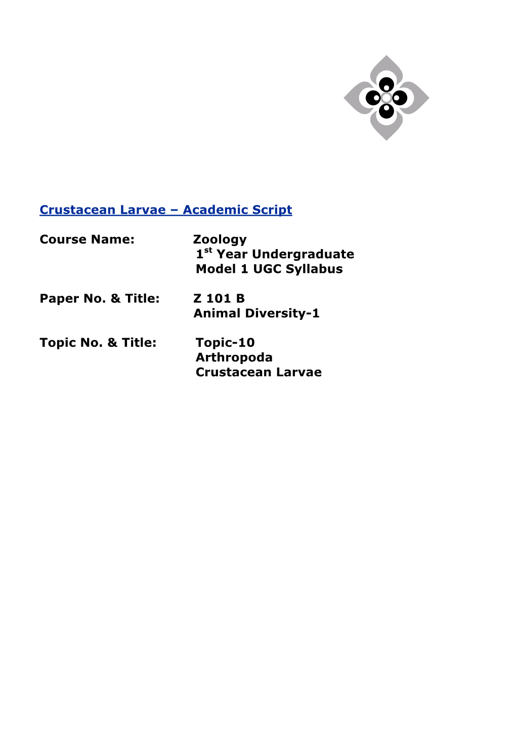 Crustacean Larvae – Academic Script Course Name: Zoology 1St Year