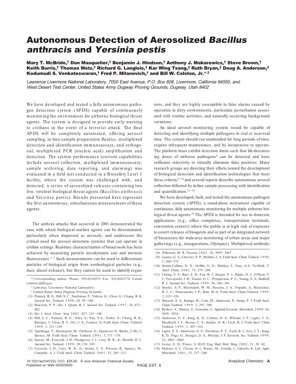 Autonomous Detection of Aerosolized Bacillus Anthracis and Yersinia Pestis