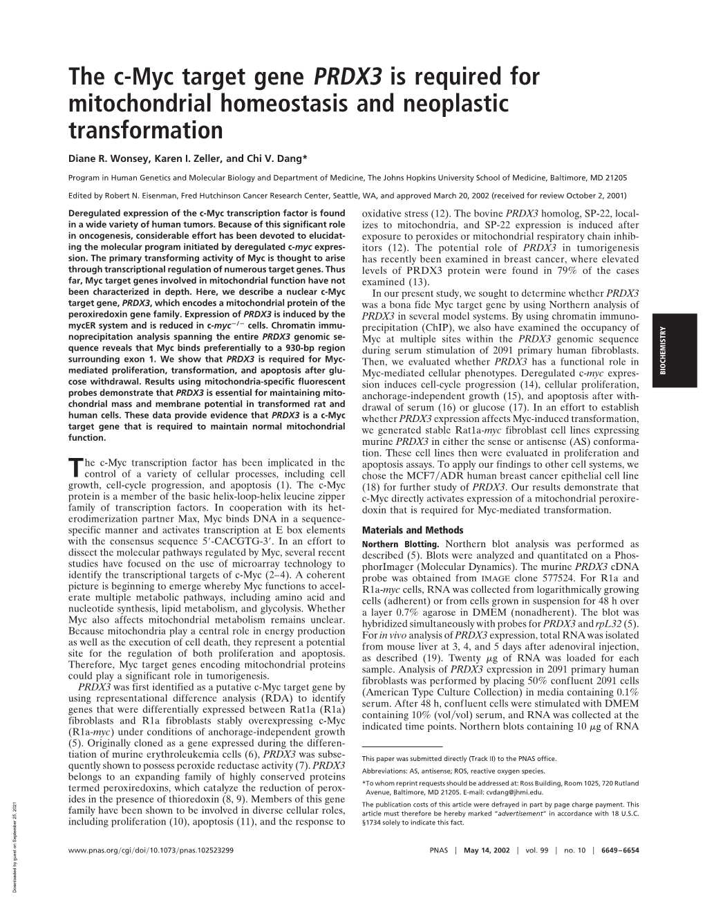 The C-Myc Target Gene PRDX3 Is Required for Mitochondrial Homeostasis and Neoplastic Transformation