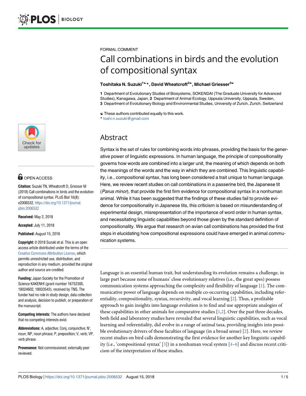 Call Combinations in Birds and the Evolution of Compositional Syntax