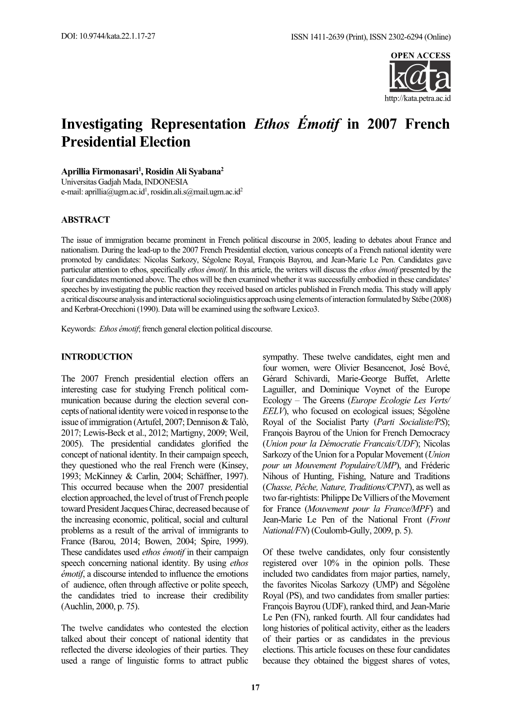 Investigating Representation Ethos Émotif in 2007 French Presidential Election