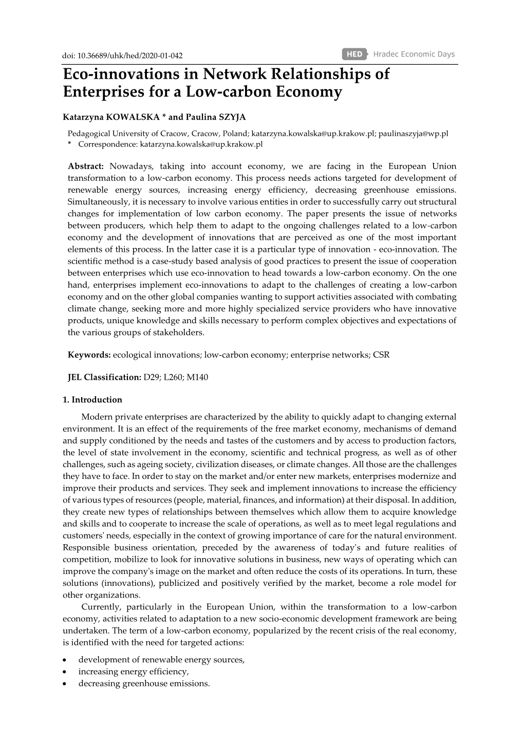 Eco-Innovations in Network Relationships of Enterprises for a Low-Carbon Economy