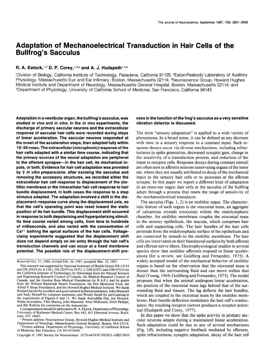 Adaptation of Mechanoelectrical Transduction in Hair Cells of the Bullfrog’S Sacculus