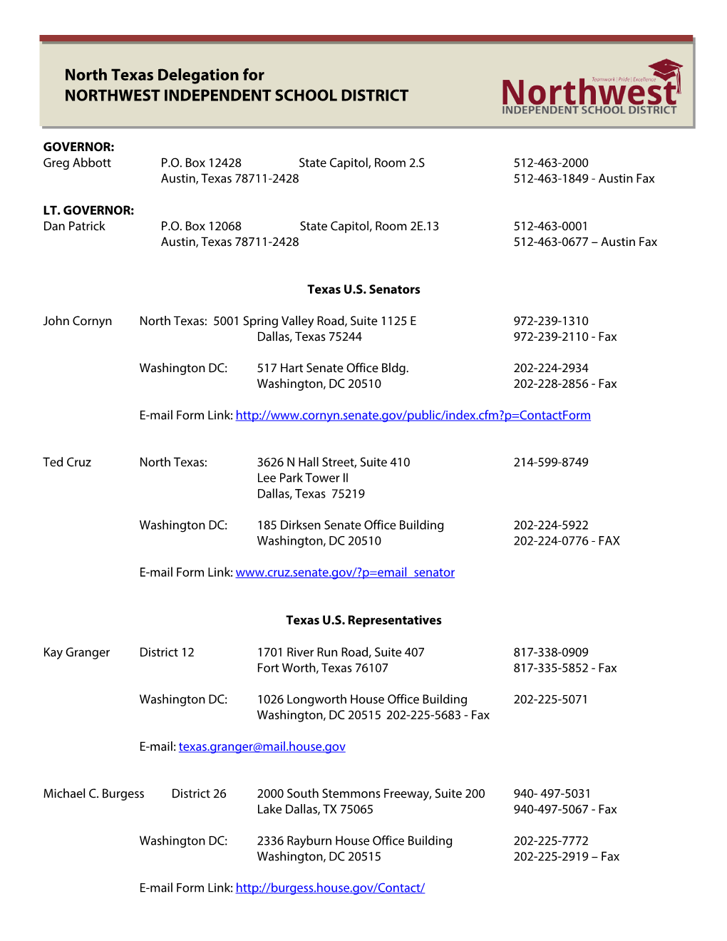 North Texas Delegation for NORTHWEST INDEPENDENT SCHOOL DISTRICT